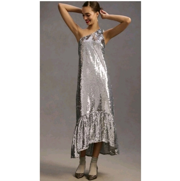 NWT Anthropologie Maeve One-Shoulder Silver Sequin Dress